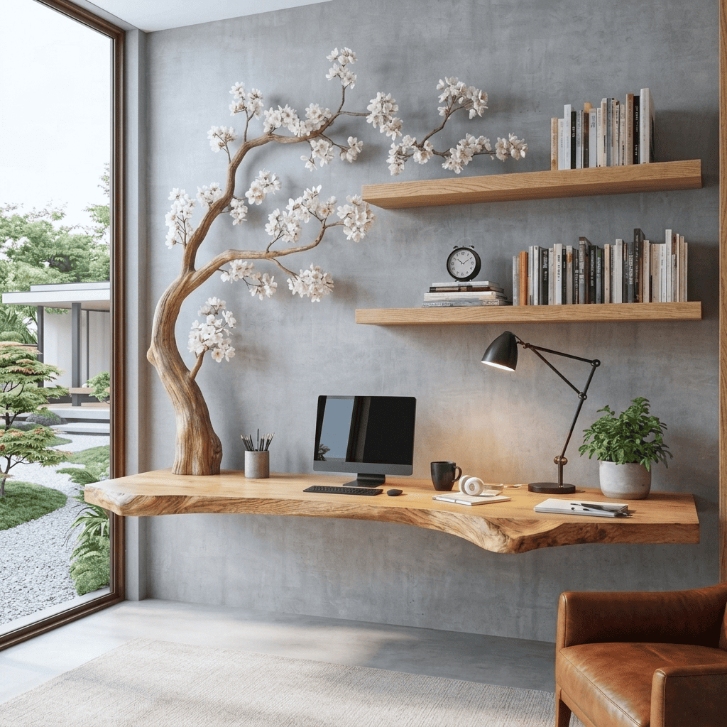 Baumkanten-Schreibtisch aus Massivholz mit geschnitztem Astregal in einem minimalistischen Homeoffice