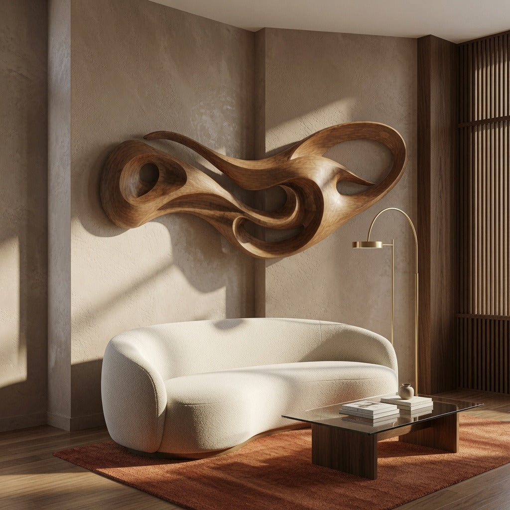 Skulpturale fließende Wandkunst aus Massivholz in einem modernen Wohnzimmer