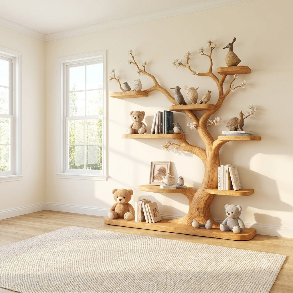 Handgeschnitztes Babyzimmer-Bücherregal aus Massivholz mit Blütenbaum-Detail für stilvolle Kinderzimmerinterieurs