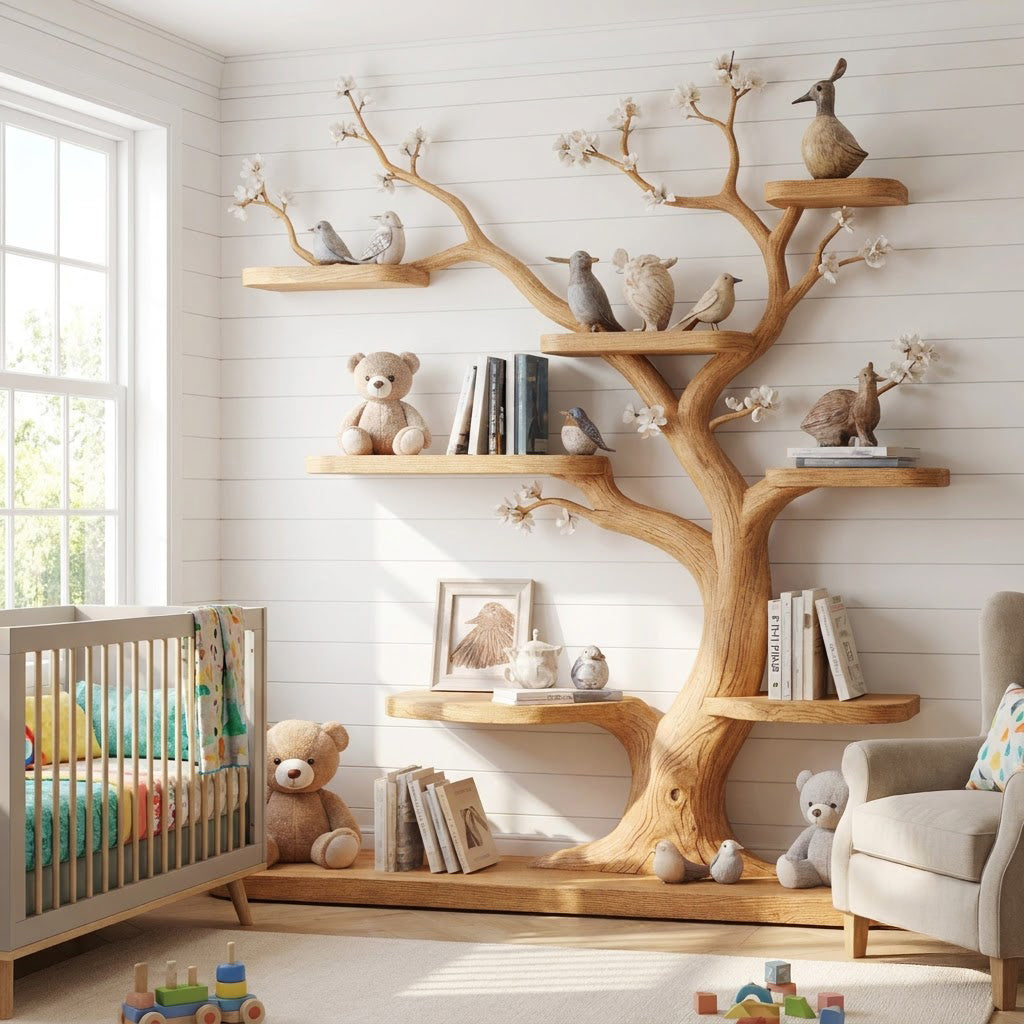 Skulpturales Kinder-Bücherregal und Schaumöbel aus Massivholz im Blütenbaum-Design für zeitgenössische Babyzimmer