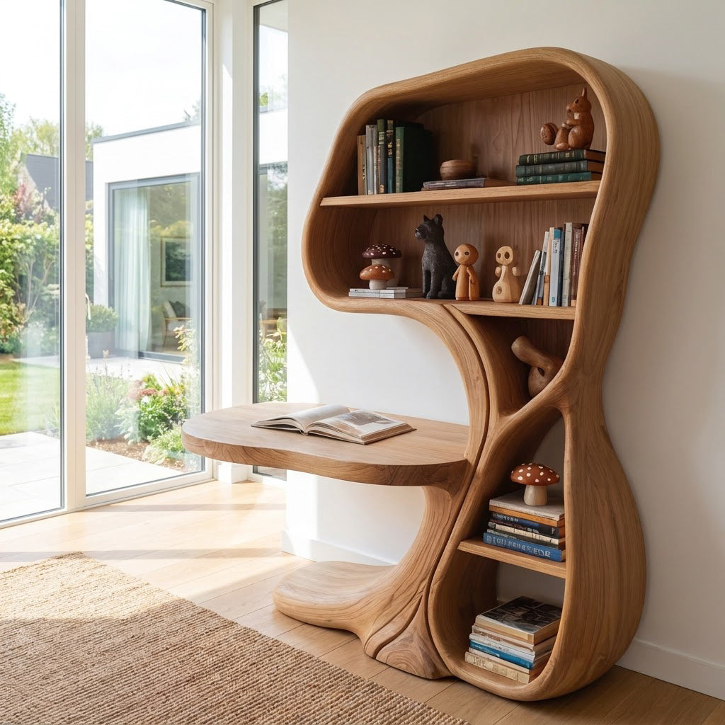 Organische Bücherregal- und Schreibtischeinheit aus Massivholz mit auskragendem Arbeitsplatz in einem minimalistischen Arbeitszimmer