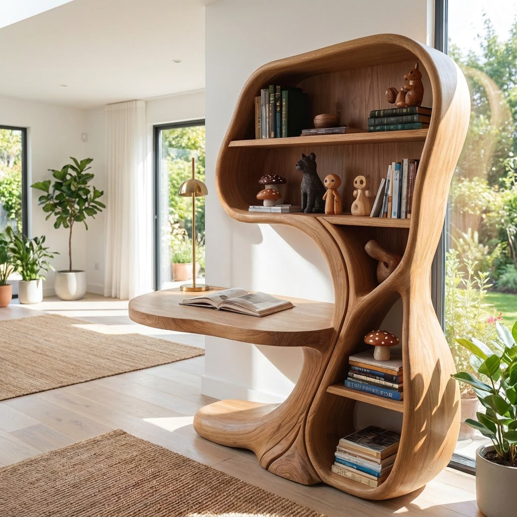 Skulpturale geschwungene Schreibtisch-Bücherregal-Kombination aus Massivholz in einem zeitgenössischen Homeoffice