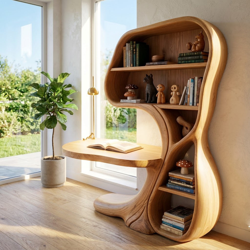 Handgeschnitzter Schreibtisch aus Massivholz mit integriertem Bücherregal, gestylt in einem modernen Arbeitsbereich