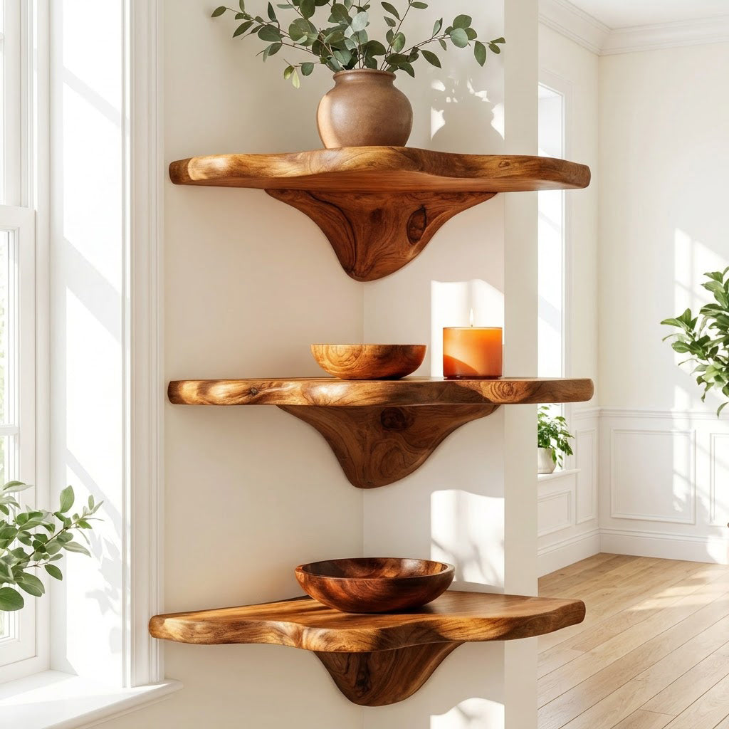 Organische biomorphe Wandablage aus Massivholz in einem minimalistischen Homeoffice