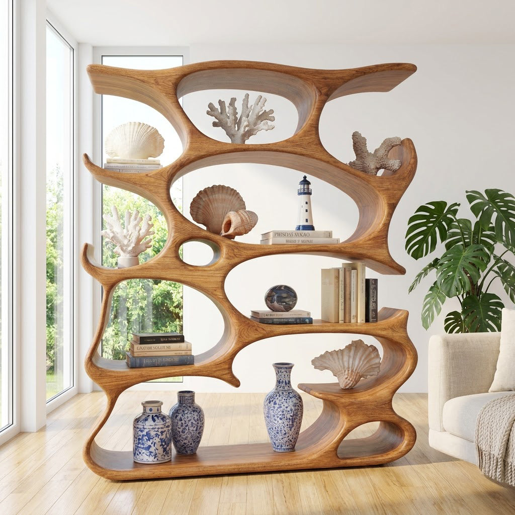 Skulpturales handgeschnitztes Schauregal aus Massivholz im organischen Hohlraum-Design für moderne Interieurs