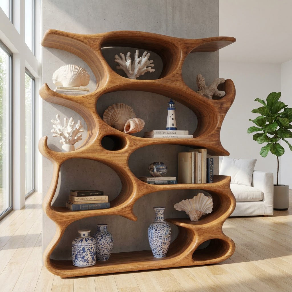 Organisches Schauregal aus Massivholz mit skulpturalen handgeschnitzten Hohlräumen für elegante moderne Räume