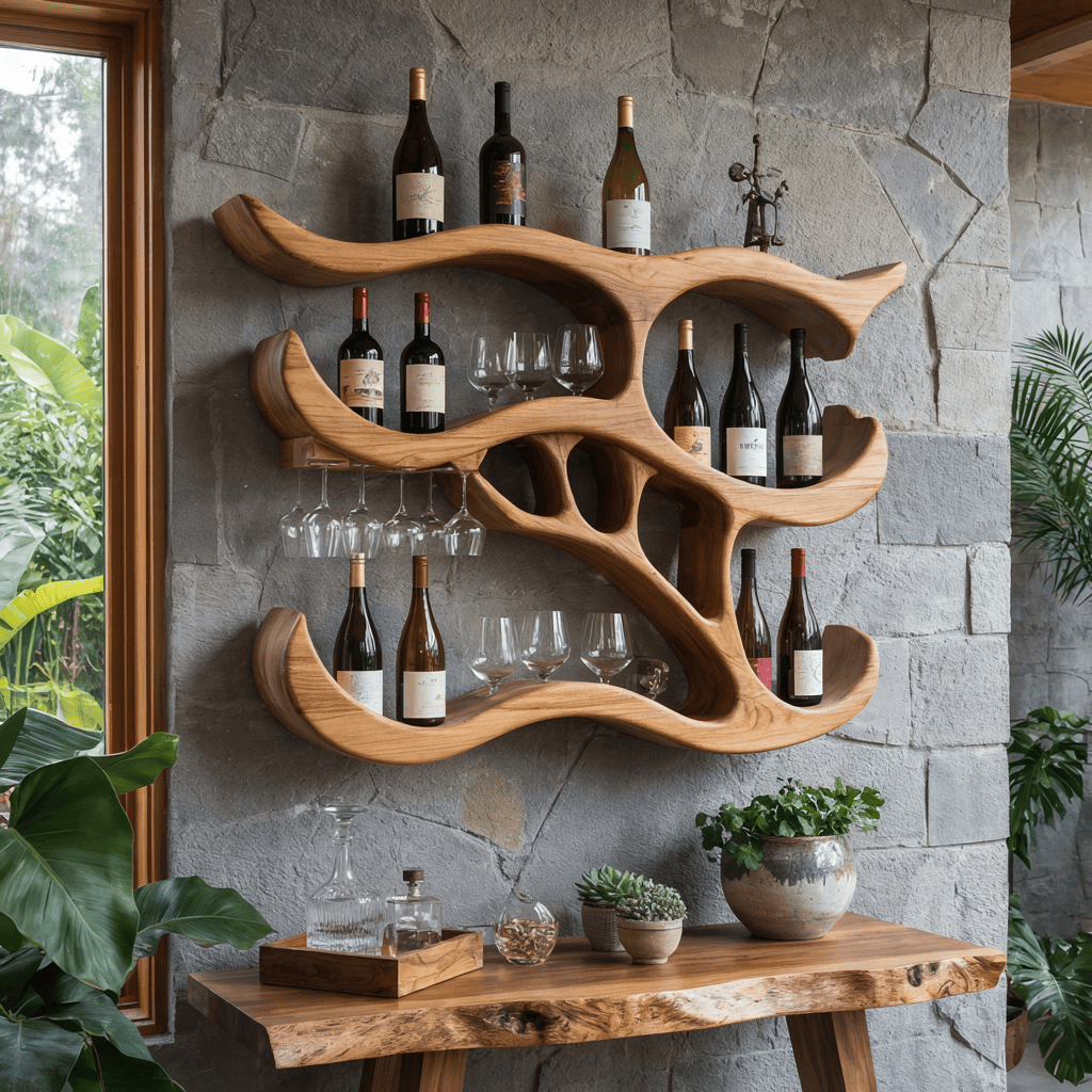 Skulpturales organisches Wandweinregal aus Massivholz im handgeschnitzten Design