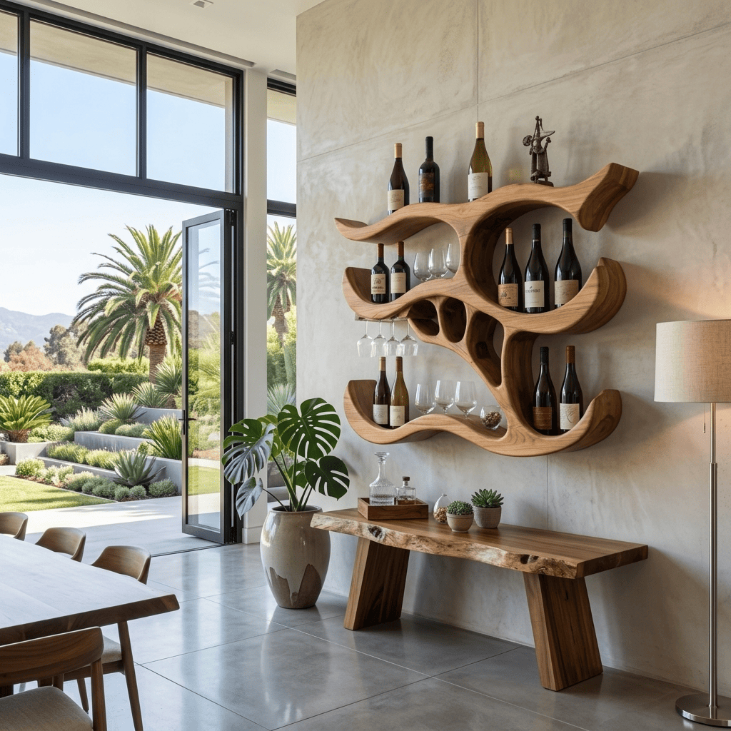 Skulpturales handgeschnitztes Wandweinregal aus Massivholz mit Stielglashalter für moderne Esszimmer