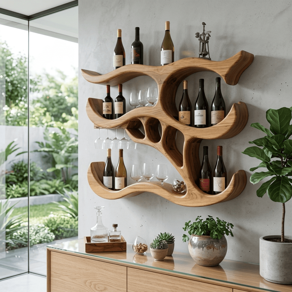 Skulpturales organisches Weinregal aus Massivholz mit integriertem Glashalter für stilvolle Hausbar-Bereiche