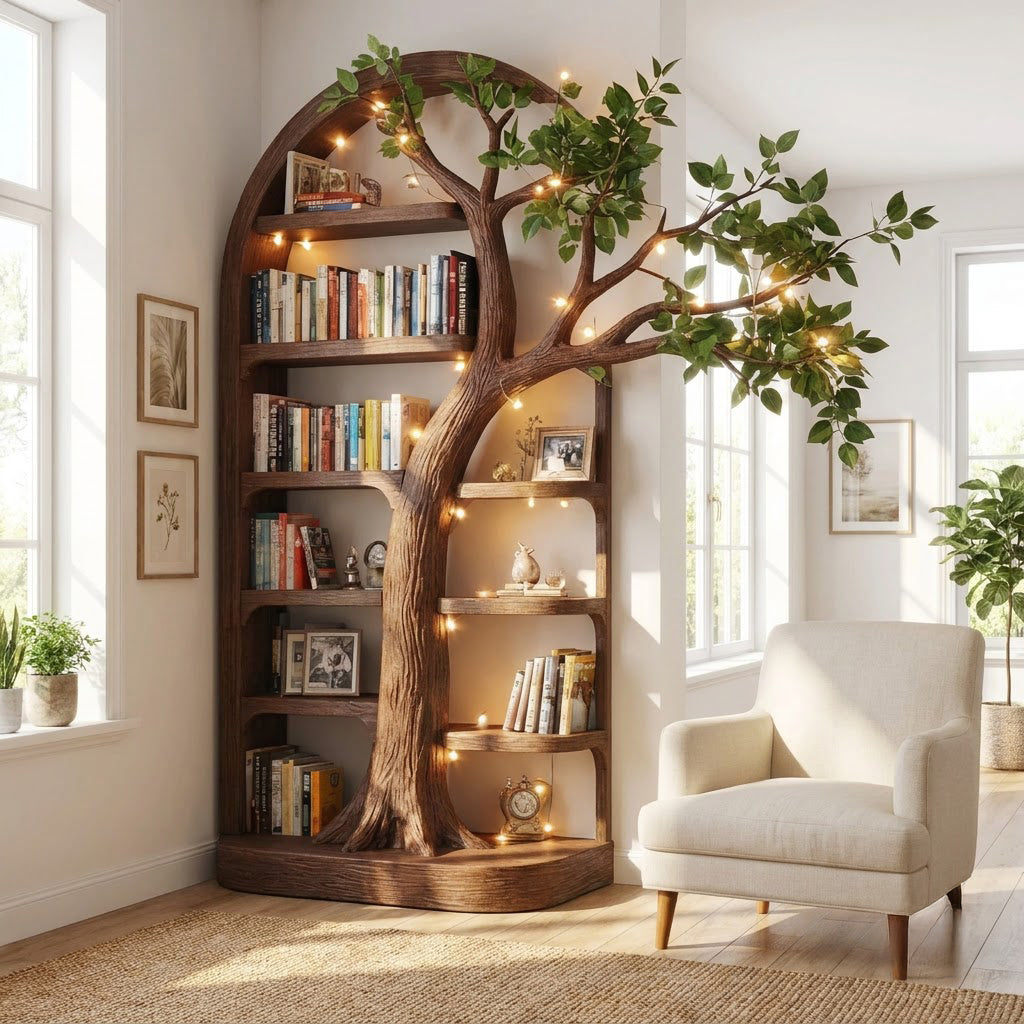 Handgeschnitztes Baum-Bücherregal aus Massivholz mit auskragendem Astdach