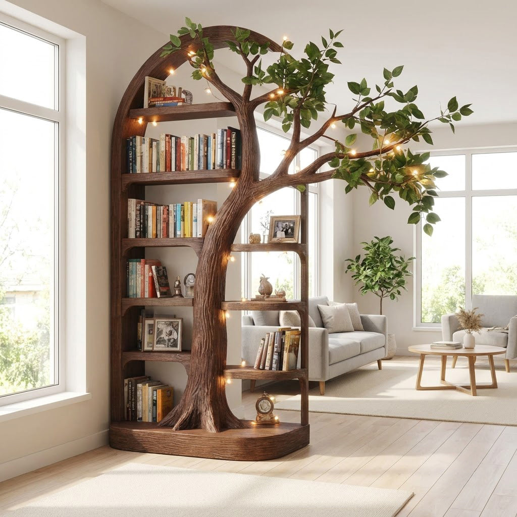 Skulpturales Bogen-Baum-Bücherregal aus Massivholz mit auskragendem Astdach in einem zeitgenössischen Wohnzimmer