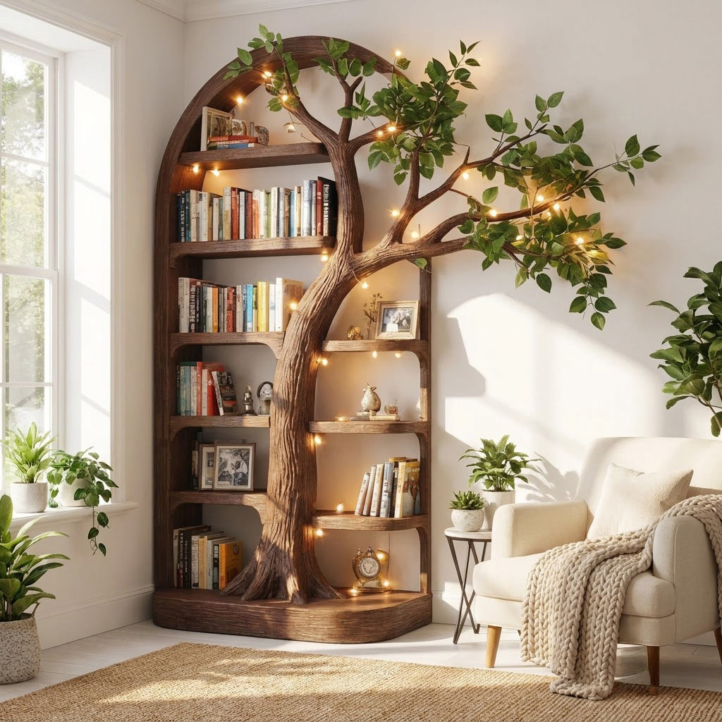 Handgeschnitztes Baum-Bücherregal aus Massivholz mit Schauregalen, gestylt in einer modernen Leseecke