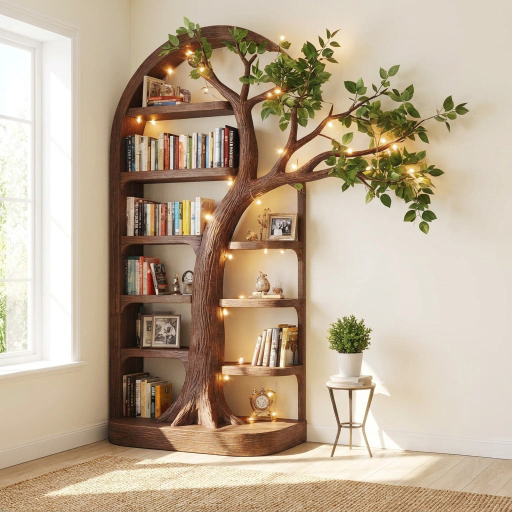 Skulpturales Baum-Bücherregal aus Massivholz, präsentiert in einem eleganten Wohninterieur