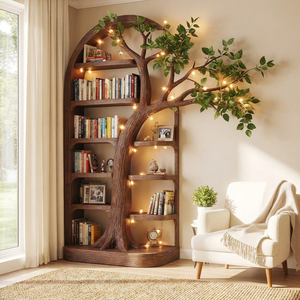 Organisches Bücherregal aus Massivholz mit Astdach, präsentiert in einem minimalistischen Homeoffice