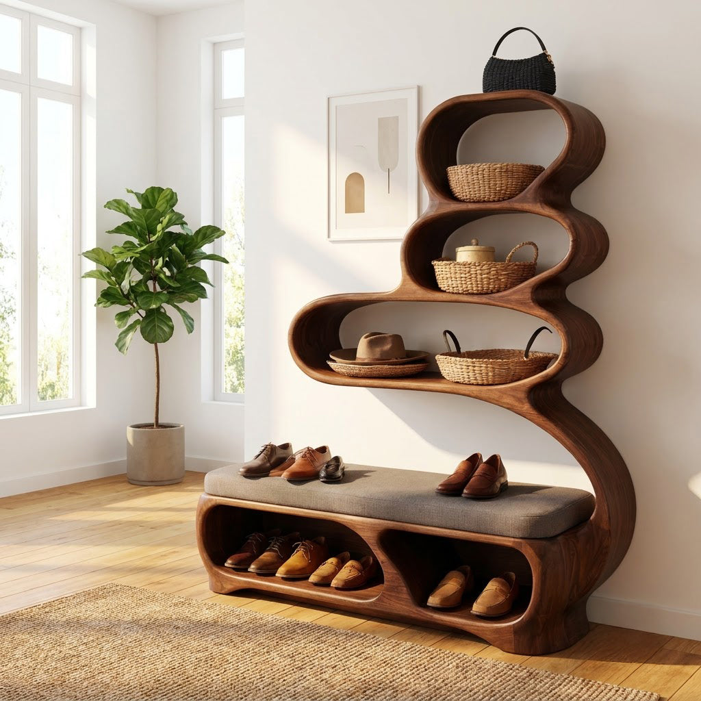 Organisches geschwungenes Stauraummöbel aus Massivholz, präsentiert in einem minimalistischen Flur