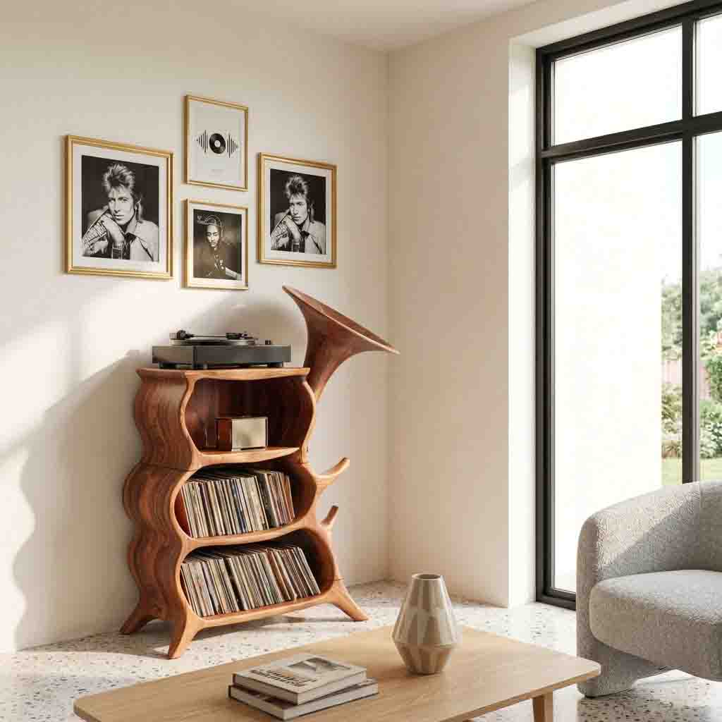 Skulpturaler Grammophon-Plattenspielerschrank aus Massivholz in einem zeitgenössischen Wohnzimmer