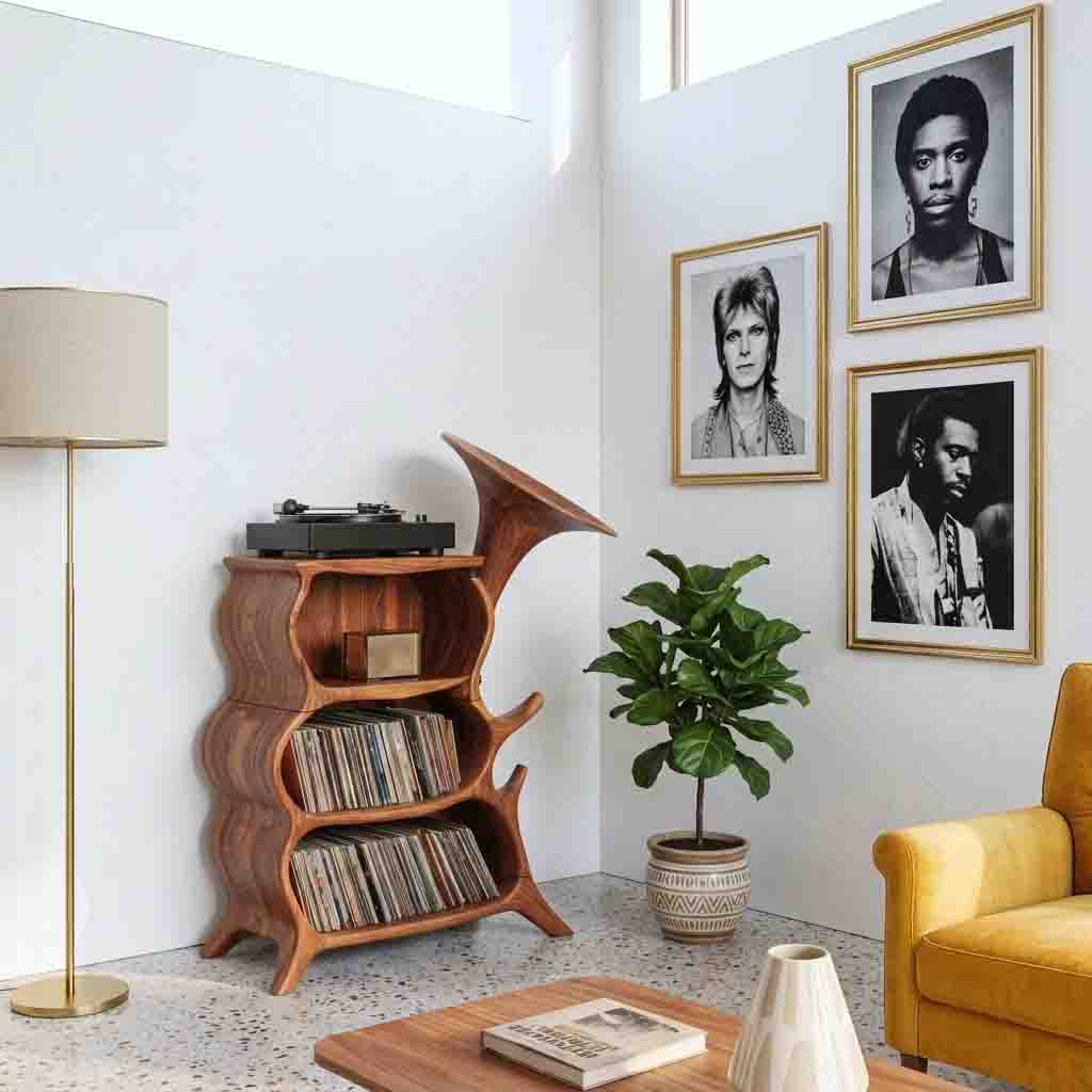 Organischer Plattenspielerschrank aus Massivholz in einer gemütlichen Musikecke