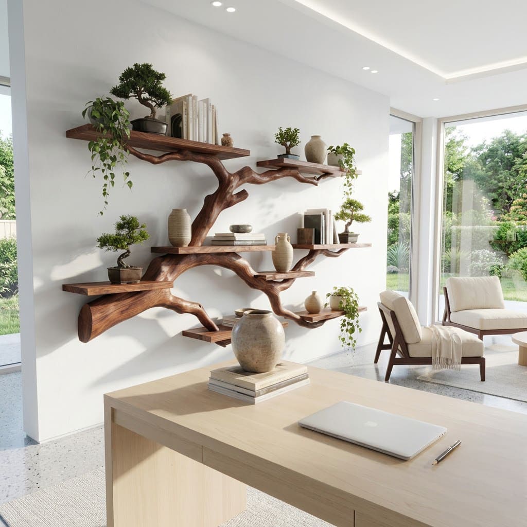 Skulpturales schwebendes Wandregal aus Massivholz, präsentiert in einem eleganten Wohninterieur