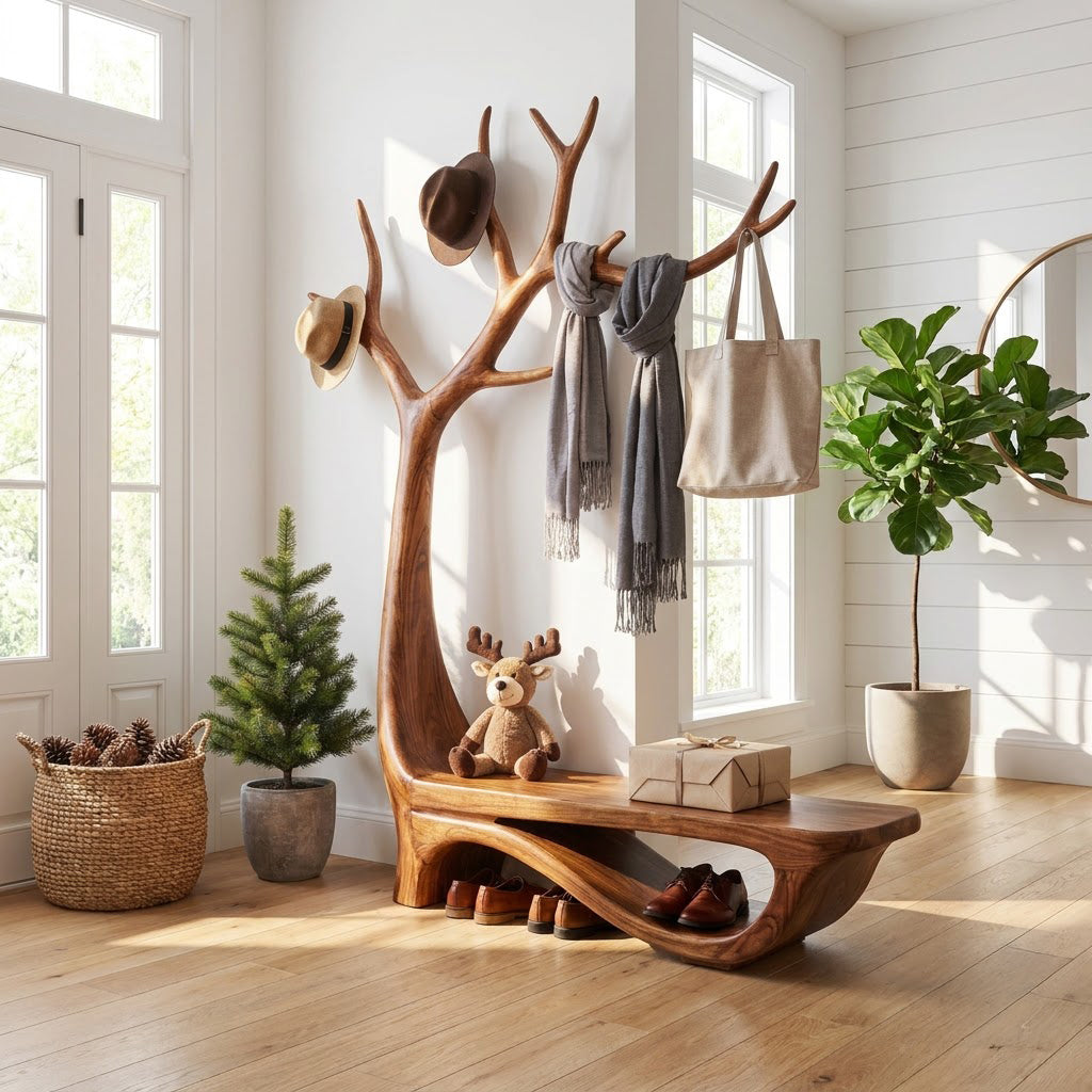 Handwerkliche Baum-Eingangsbank aus Massivholz mit integriertem Stauraum, die einen luxuriösen Hausflur aufwertet