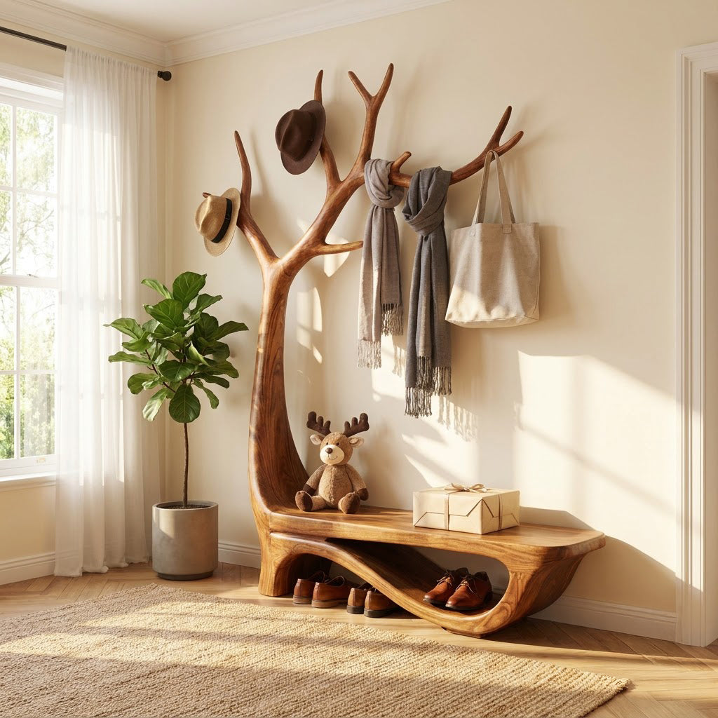 Handgeschnitzte Baum-Eingangsbank mit Garderobe aus Massivholz, gestylt in einem einladenden modernen Eingangsbereich