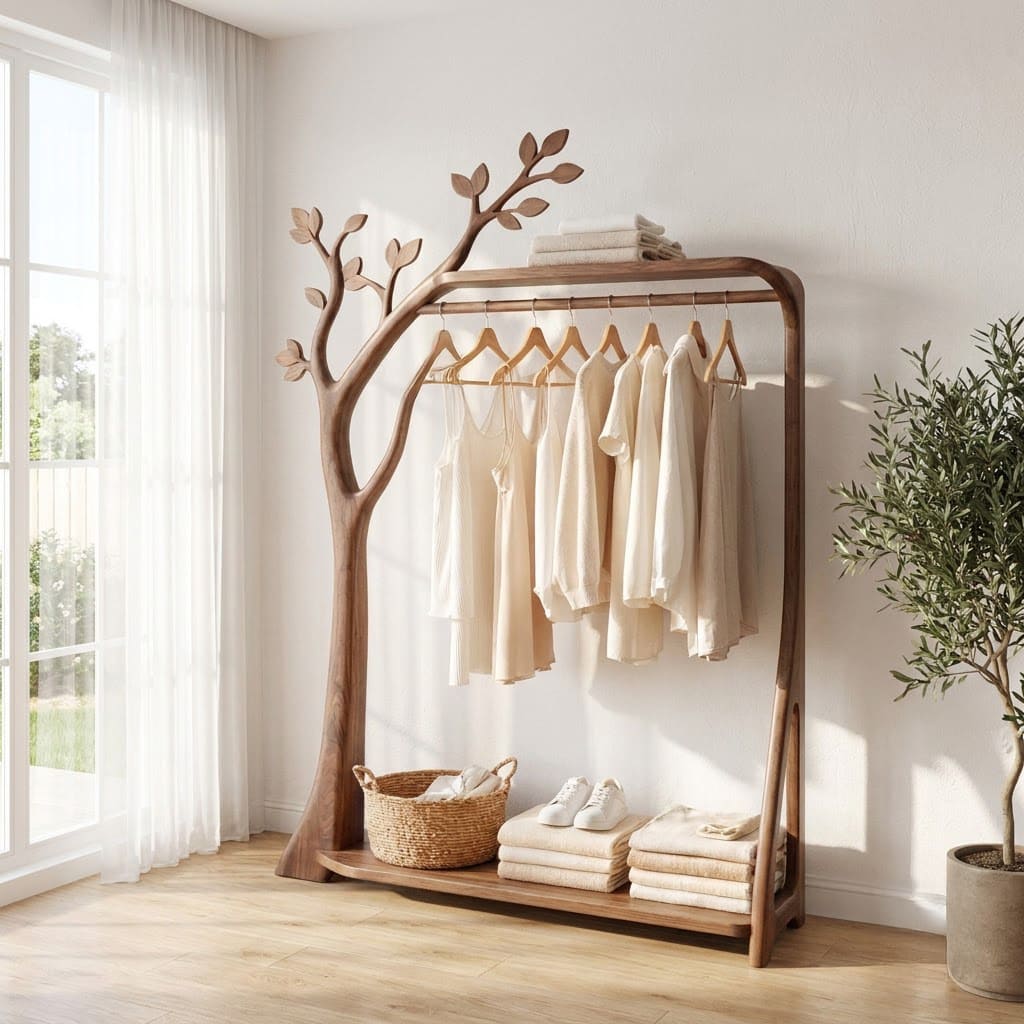 Zeitgenössischer Baum-Garderoben-Organizer aus Massivholz in einem Boutique-begehbaren Kleiderschrank