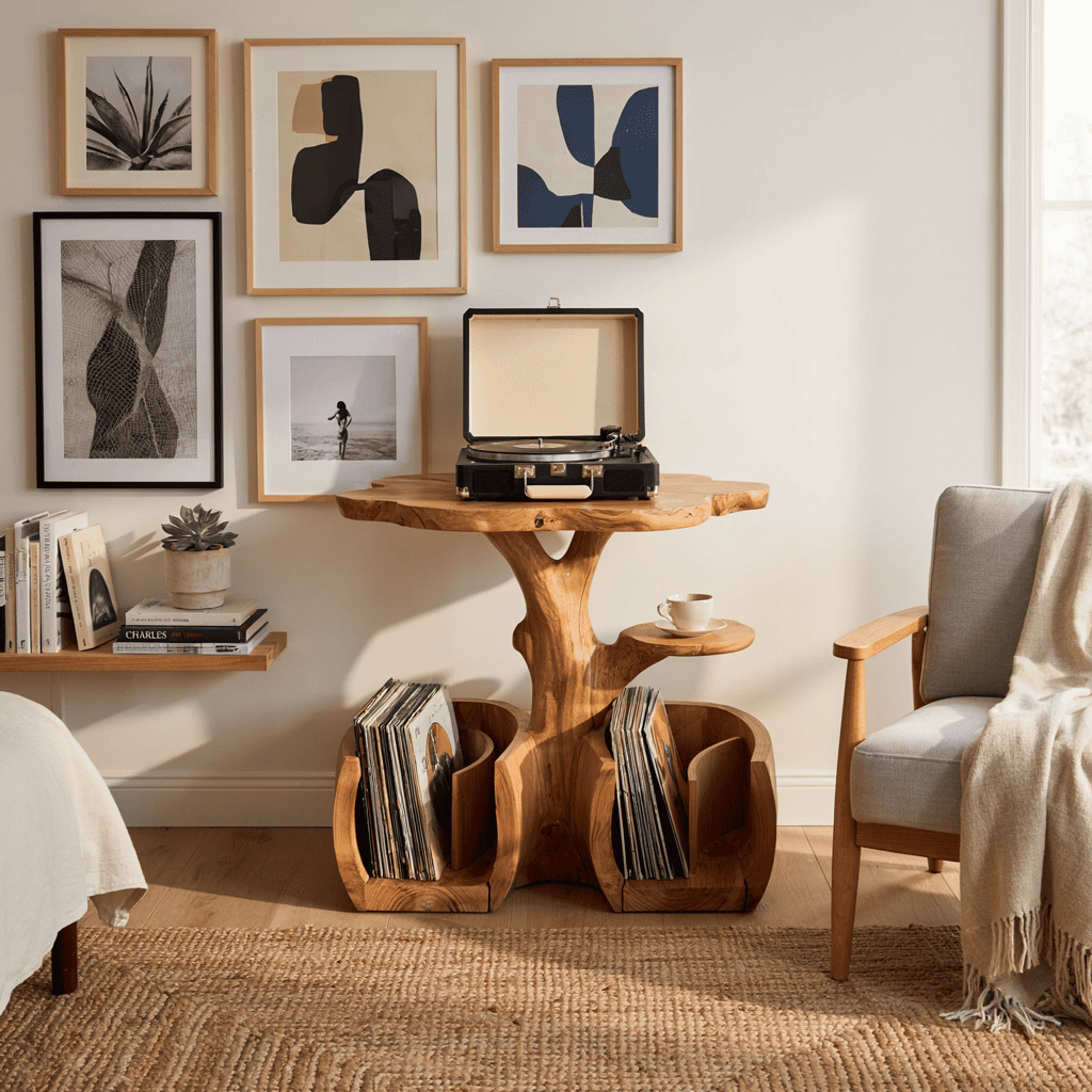 Skulpturaler Plattenspielertisch aus Massivholz, der ein modernes Wohninterieur aufwertet