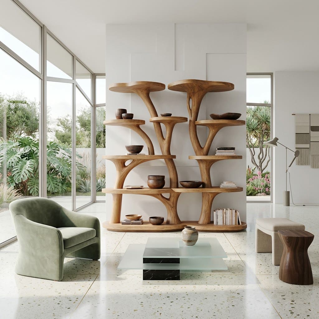 Skulpturales handgeschnitztes Schau-Bücherregal aus Massivholz mit Astdetails für moderne Wohnzimmer