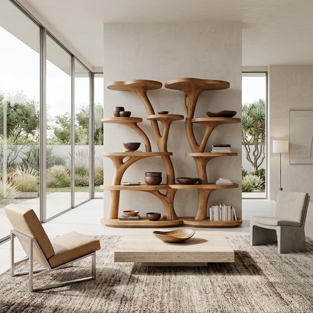 Handgeschnitztes Bücherregal aus Massivholz im natürlichen Astdesign für elegante moderne Interieurs