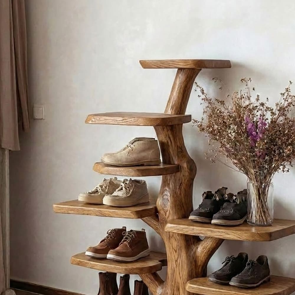 Welliges wandmontiertes Schauregal aus Massivholz im organischen Design