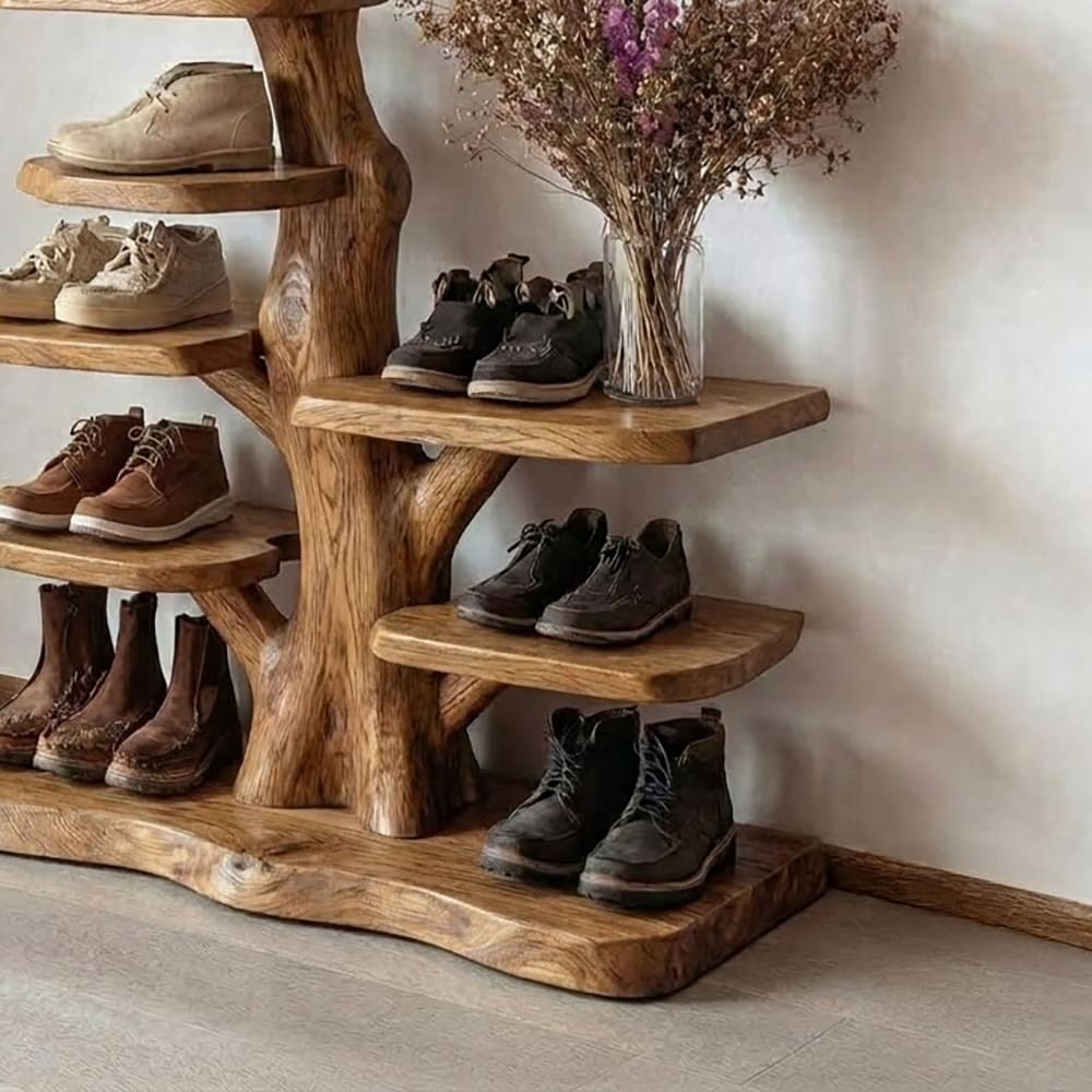 Organisches welliges Schauregal aus Massivholz mit skulpturaler Silhouette