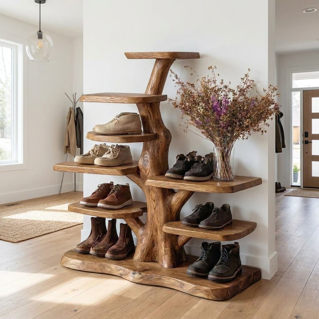 Organisches Schauregal aus Massivholz im skulpturalen welligen Design für stilvolle Interieurs