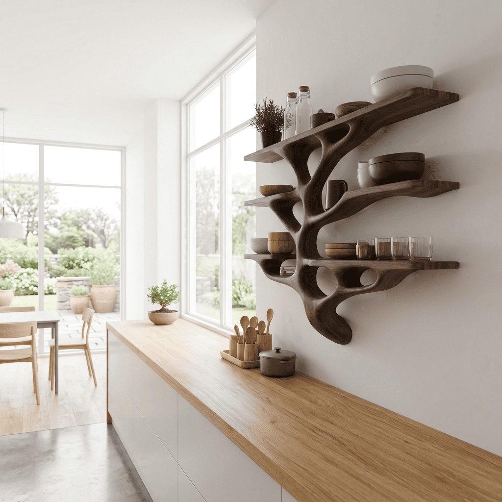 Künstlerisches Astregal aus Massivholz, das ein minimalistisches KüchenInterieur aufwertet