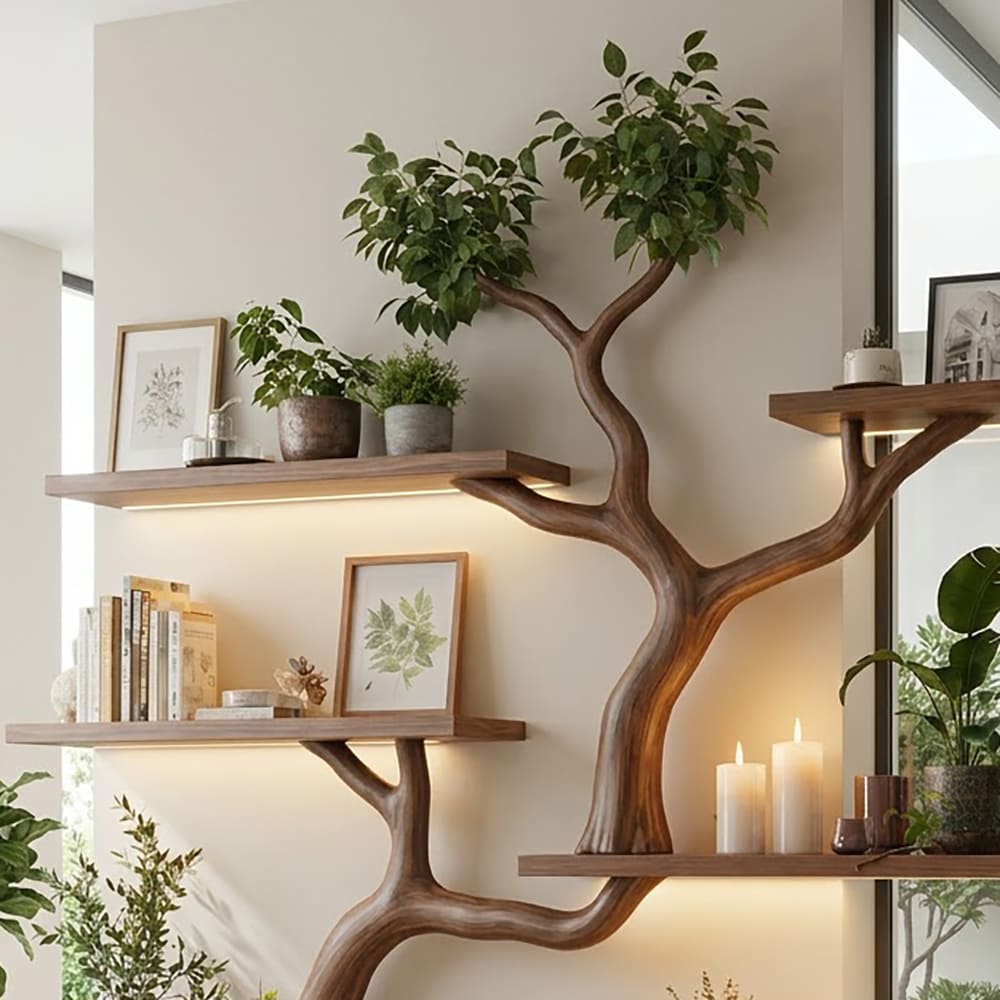Astregal-Wandbücherregalsystem aus Massivholz im skulpturalen handgeschnitzten Design