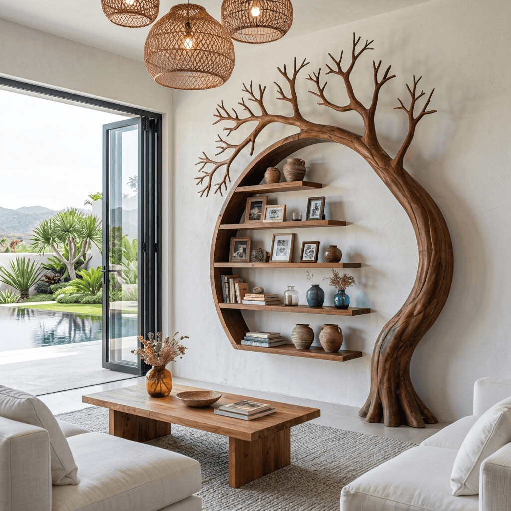 Handgeschnitzte architektonische Schaueinheit aus Massivholz in einem modernen Wohninterieur