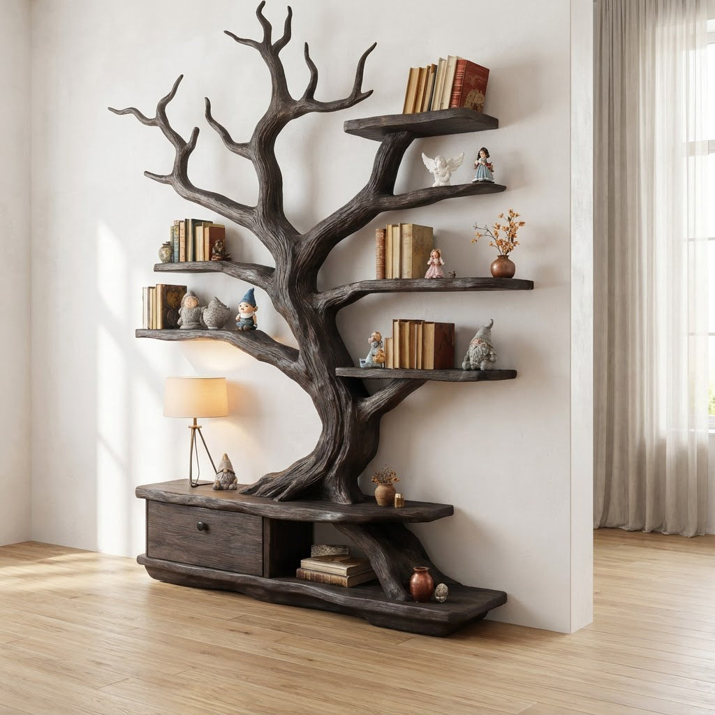 Organisches Baum-Bücherregal aus Massivholz, präsentiert in einem minimalistischen Homeoffice