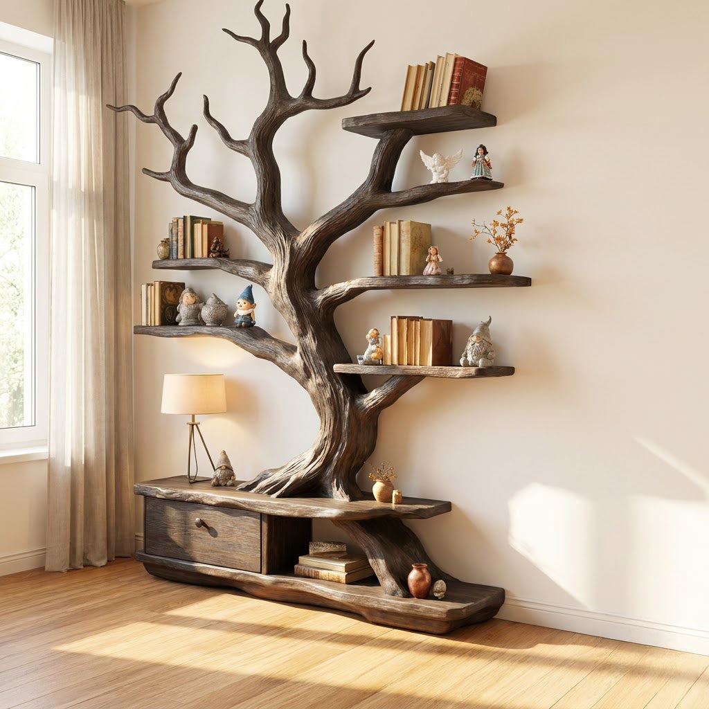 Künstlerisches Baum-Bücherregal aus Massivholz, das einen zeitgenössischen Wohnbereich aufwertet