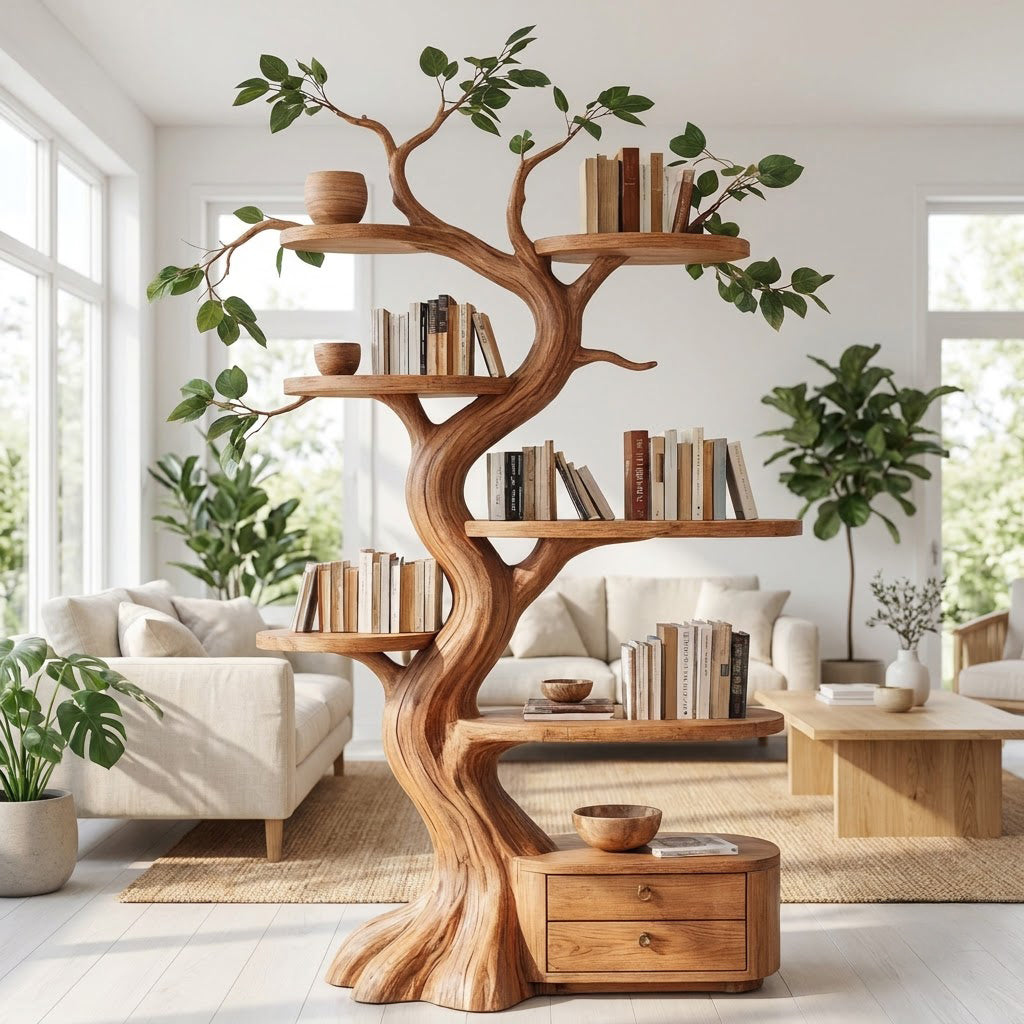 Handgeschnitztes Baum-Bücherregal aus Massivholz mit Sockel mit 2 Schubladen, gestylt in einem modernen Wohnzimmer