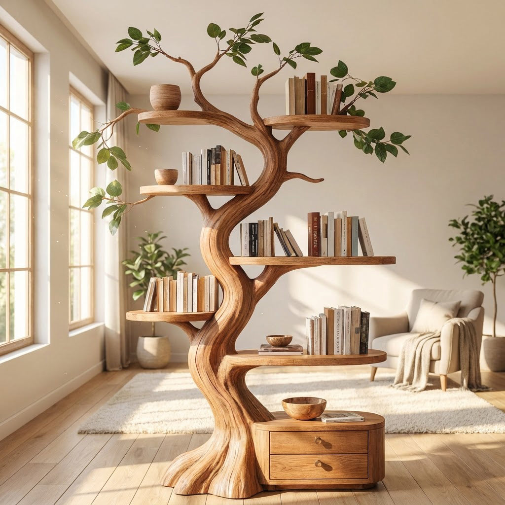 Skulpturale Astwand-Einheit aus Naturholz mit Stauraum für eine gemütliche Heimbibliotheks-Nische
