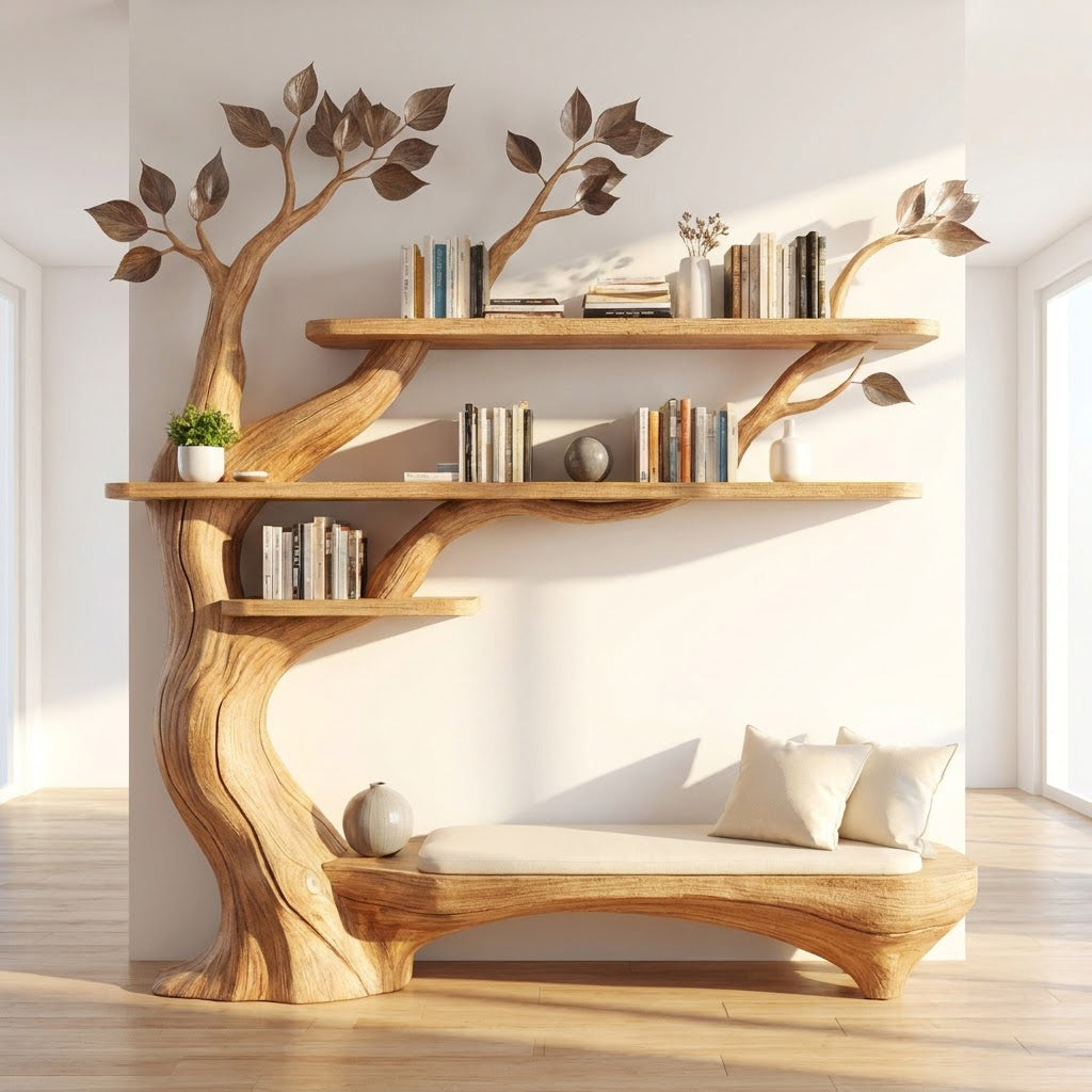 Skulpturales Baum-Bücherregal aus Massivholz mit niedriger Lesebank in einem zeitgenössischen Wohnzimmer