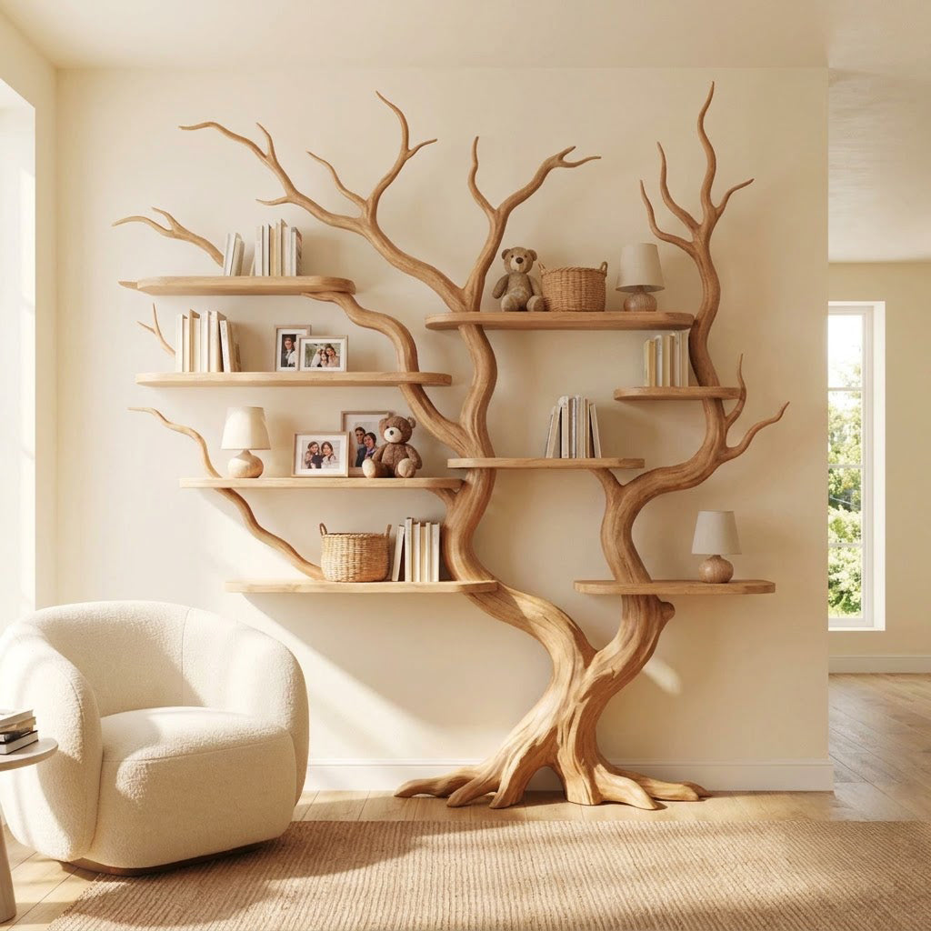 Skulpturales Baum-Bücherregal aus Massivholz, präsentiert in einem eleganten Wohninterieur