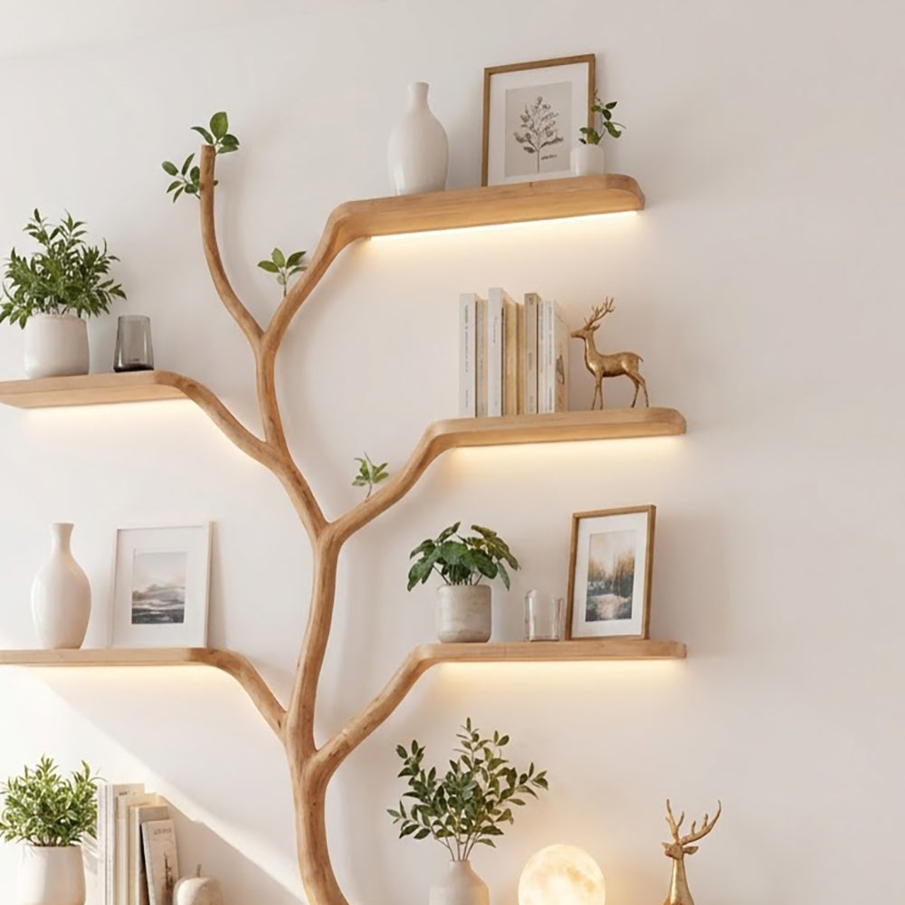 Handgeschnitztes Baum-Bücherregal aus Massivholz mit integrierter Ambientebeleuchtung in einer modernen Leseecke