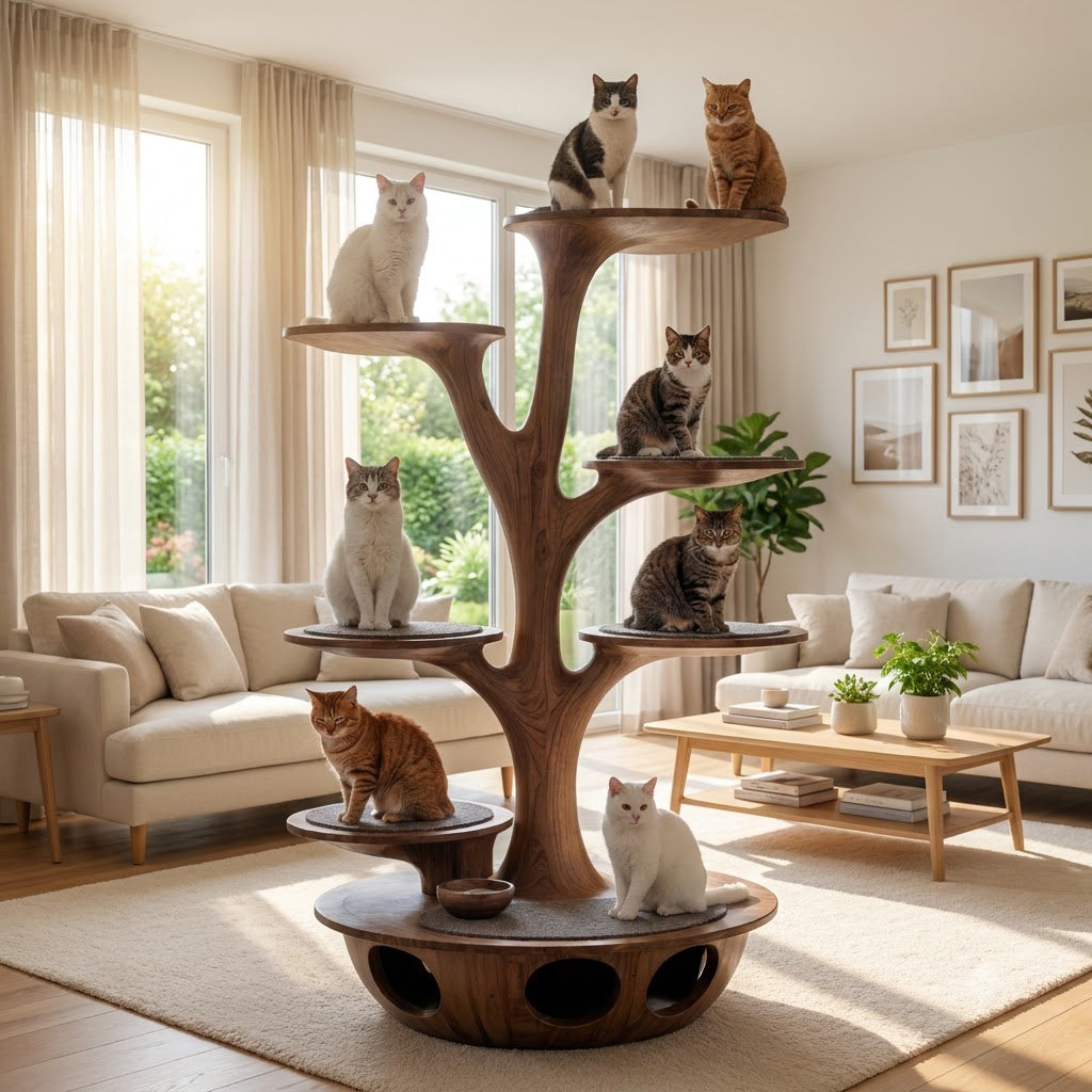 Organischer mehrstöckiger Katzenturm aus Massivholz, präsentiert in einem stilvollen haustierfreundlichen Interieur