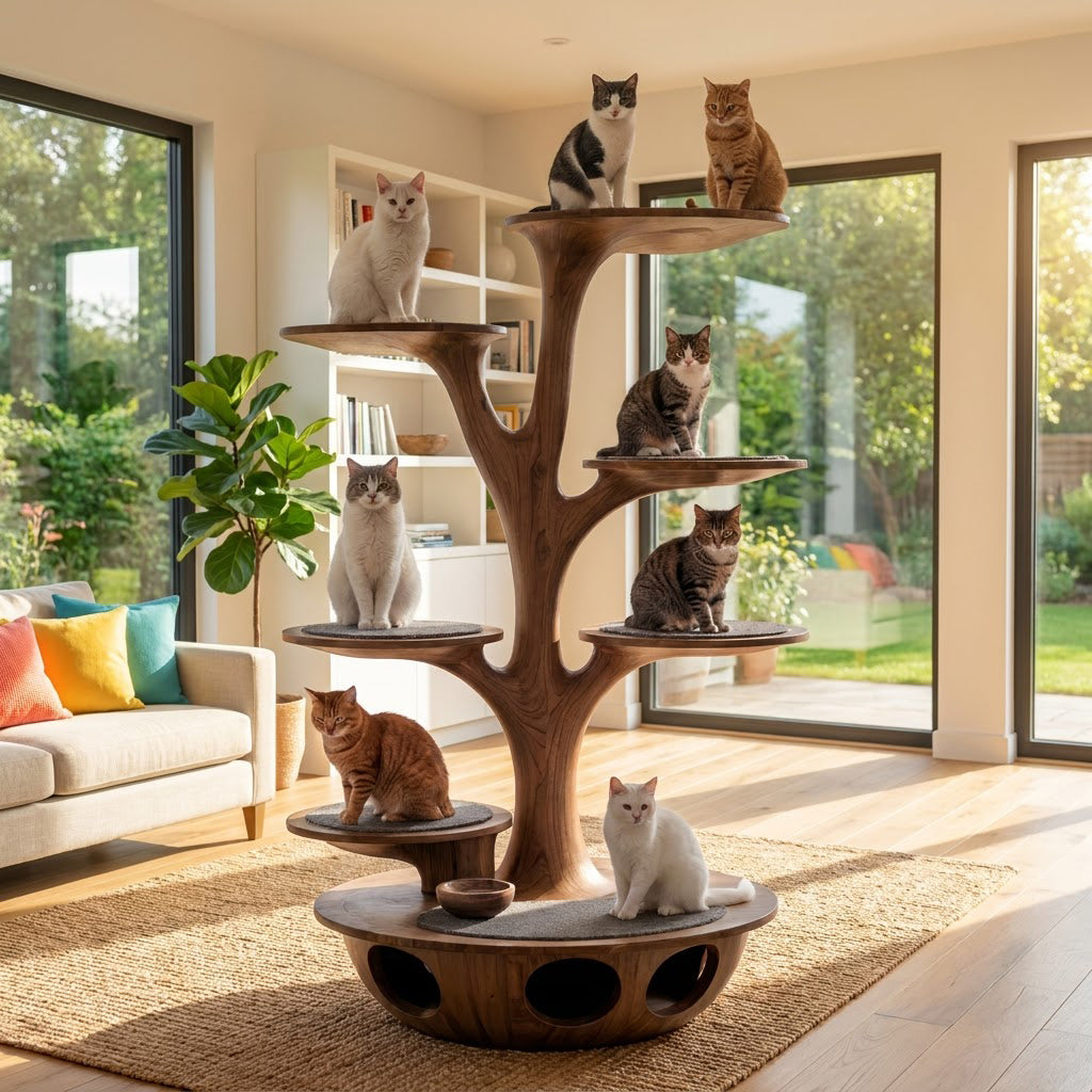 Skulpturaler Katzenturm aus Massivholz, präsentiert in einem eleganten zeitgenössischen Interieur