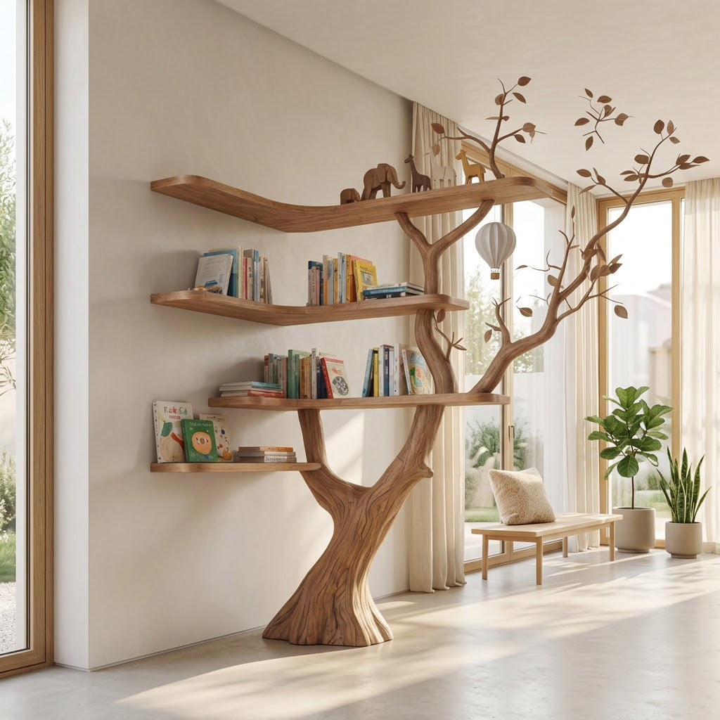 Künstlerisches Baum-Bücherregal aus Massivholz, das einen zeitgenössischen Wohnbereich aufwertet