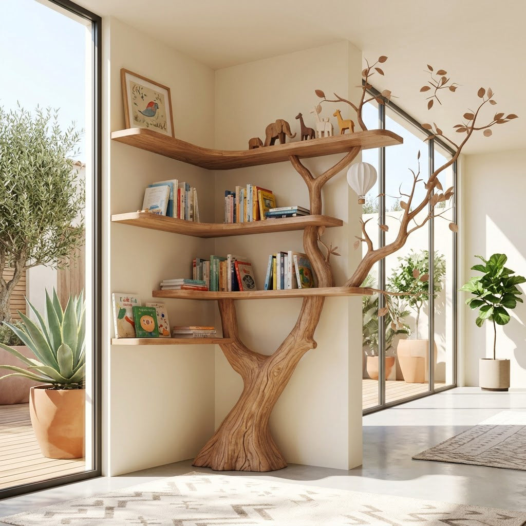 Organisches Eckbücherregal aus Massivholz, präsentiert in einem minimalistischen Homeoffice
