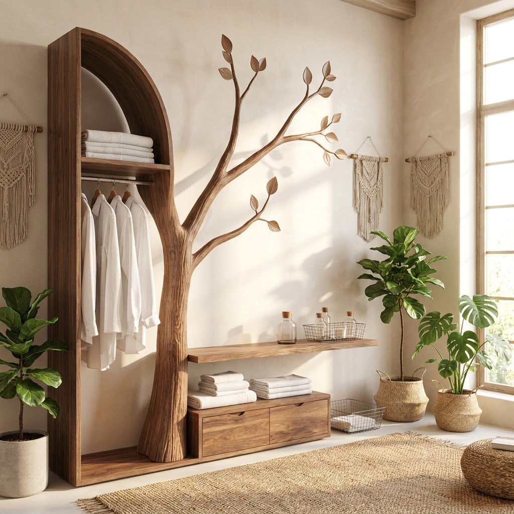 Organischer Baum-Kleiderschrank aus Massivholz mit offenem Stauraum in einem minimalistischen Ankleidezimmer