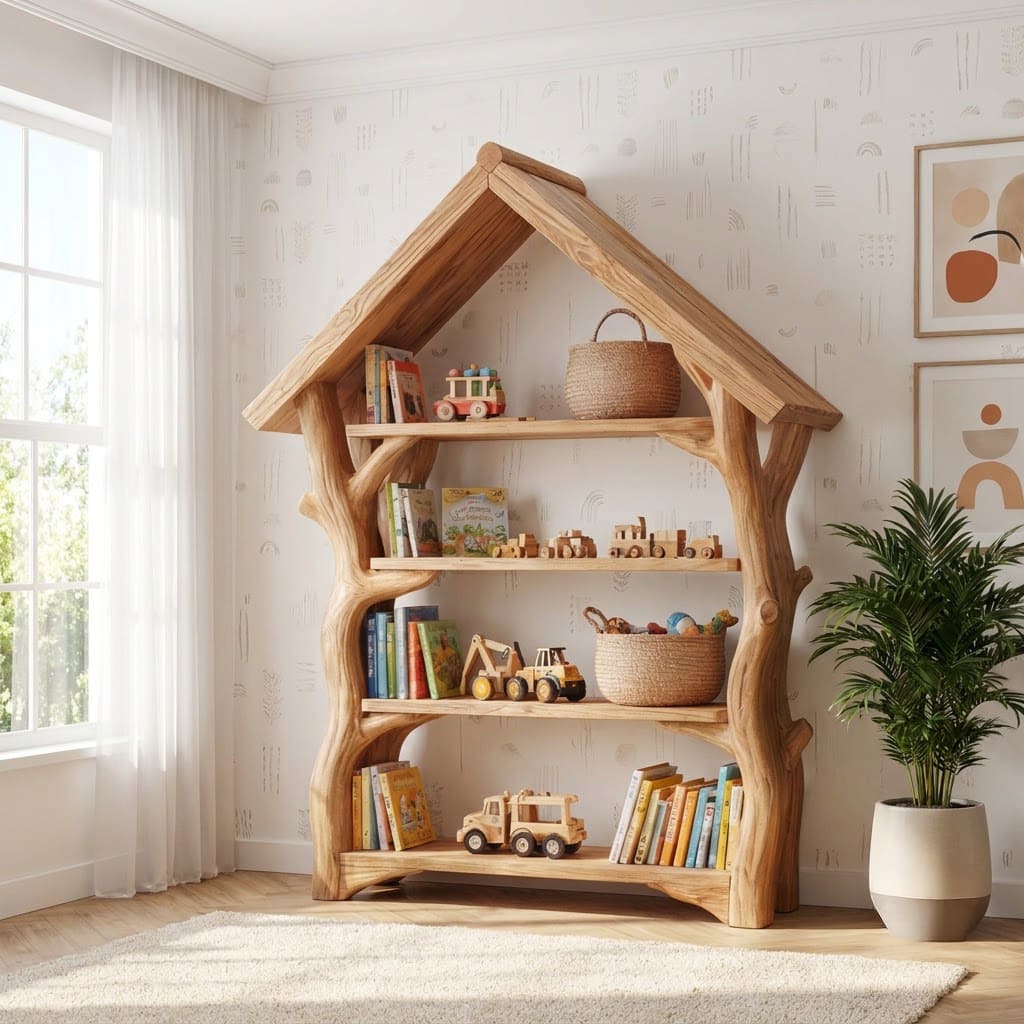 Skulpturales Kinder-Bücherregal aus Massivholz im handgeschnitzten Baumhaus-Design