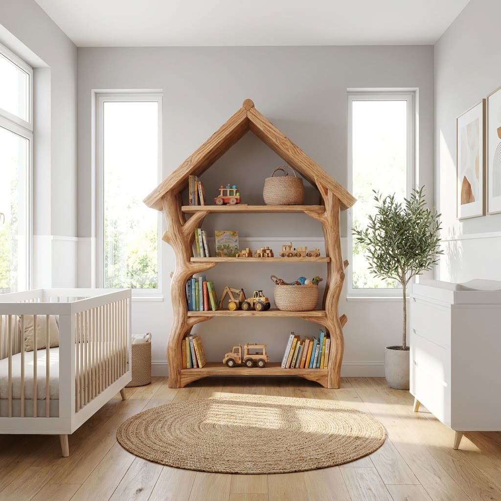 Skulpturales handgeschnitztes Kinder-Bücherregal aus Massivholz im Baumhaus-Design für moderne Kinderzimmer