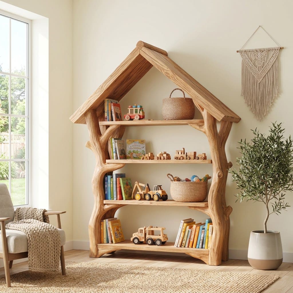 Skulpturales Baumhaus-Bücherregal aus Massivholz mit integrierter Spielzeugaufbewahrung für verspielte Kinderbereiche