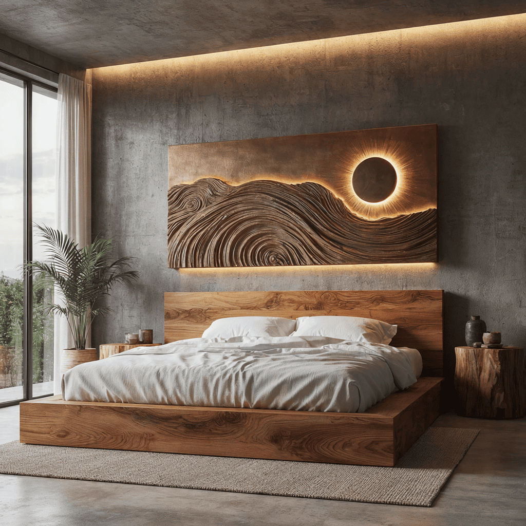 Skulpturales Wellen-Wandkunstpaneel aus Massivholz mit hinterleuchteter LED-Beleuchtung